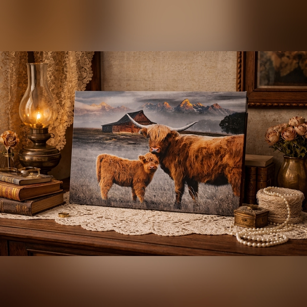 Rustic Highland Cow & Calf Canvas Wall Art | Farmhouse Ranch Decor | Mountain